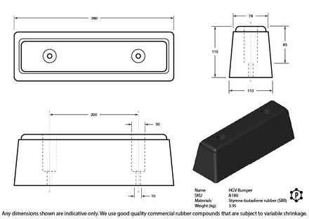 Rubber HGV Vehicle Mounted Dock Bumpers - 360 x 110 x 115mm