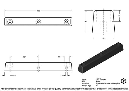 Rubber HGV Vehicle Mounted Dock Bumpers - 405 x 50 x 50mm