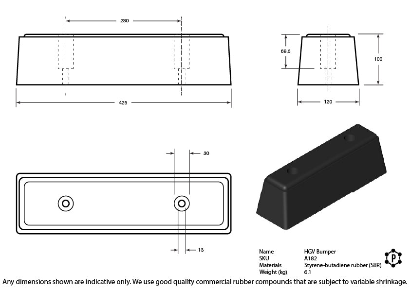 Rubber HGV Vehicle Mounted Dock Bumpers - 425 x 120 x 100mm