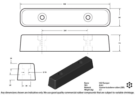 Rubber HGV Vehicle Mounted Dock Bumpers - 400 x 80 x 72mm