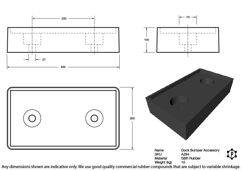 Black Rubber Dock Bumper Middle Frame Plate - 450 x 250 x 100
