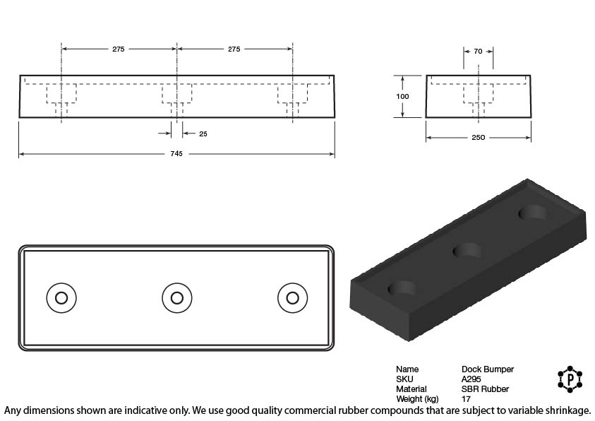 Black Rubber Dock Bumper Middle Frame Plate - 750 x 250 x 100
