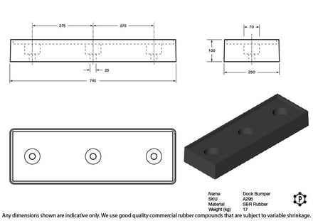 Black Rubber Dock Bumper Middle Frame Plate - 750 x 250 x 100