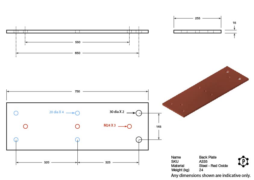 Non-Galvanised Flat Dock Bumper Back Plate - 750 x 250 x 15