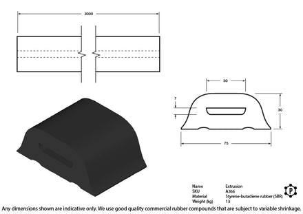 D-Shaped Rubber Bumper Extrusions - 75 x 30 x 3000
