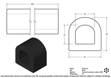 D-Shaped Rubber Bumper Extrusions - 92 x 95 x 3000