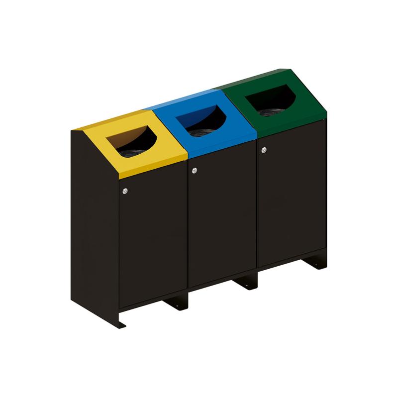 Procity Berlin 100L Selective Sort Recycling Bins Kit (Three bins / Galvanised & Powder Coated Jet Black RAL 9005)