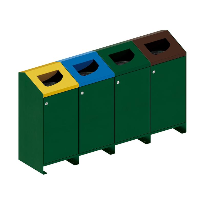 Procity Berlin 100L Selective Sort Recycling Bins Kit (Four Bins / Galvanised & Powder Coated Moss Green RAL 6005)