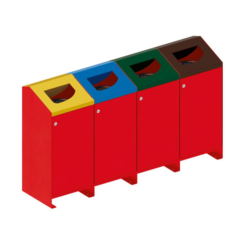 Procity Berlin 100L Selective Sort Recycling Bins Kit (Four Bins / Galvanised & Powder Coated Traffic Red RAL 3020)