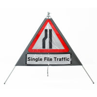 Road Narrows Left Sign dia. 517 Inc. Sup. 'Single File Traffic' - Classic Roll Up Sign / RA1