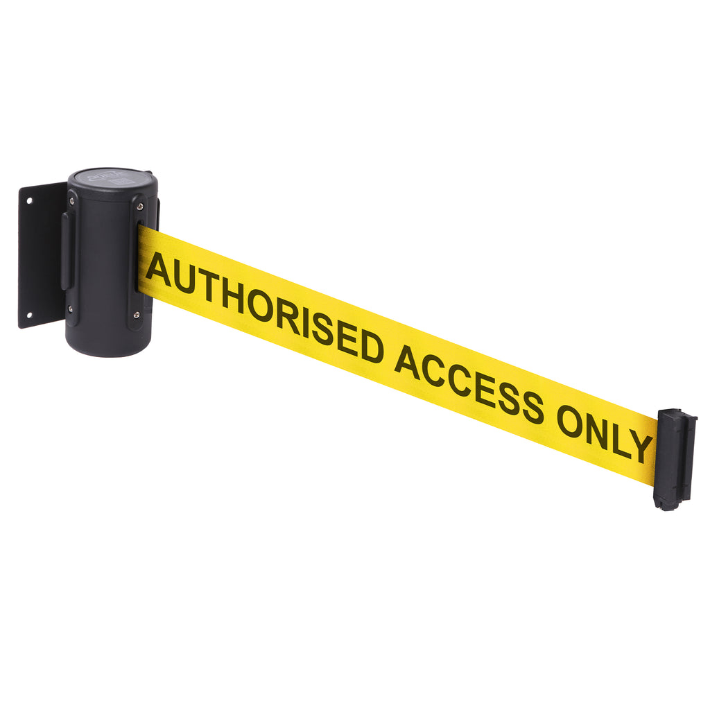 WallMaster 300 50mm Wall Mounted Belt Barrier System (2.3m / Black / Authorised Access Only | Yel-Blk)