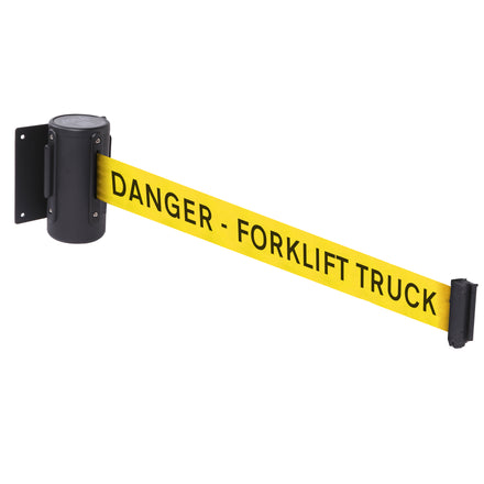 WallMaster 300 50mm Wall Mounted Belt Barrier System (2.3m / Black / Danger Fork Lift Trucks | Yel-Blk)