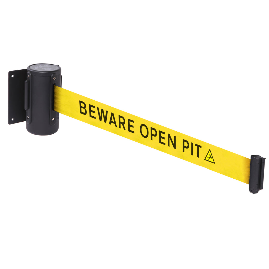 WallMaster 300 50mm Wall Mounted Belt Barrier System (2.3m / Black / Beware Open Pit |Yel-Blk)