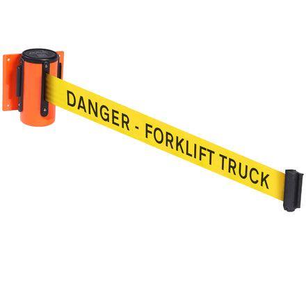 WallMaster 300 50mm Wall Mounted Belt Barrier System (2.3m / Orange / Danger Fork Lift Trucks | Yel-Blk)