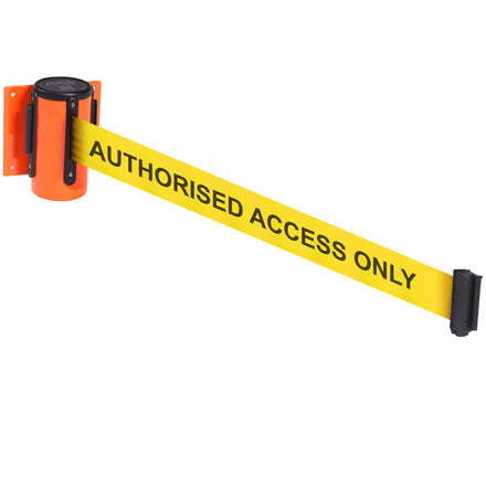 WallMaster 300 50mm Wall Mounted Belt Barrier System (2.3m / Orange / Authorised Access Only | Yel-Blk)