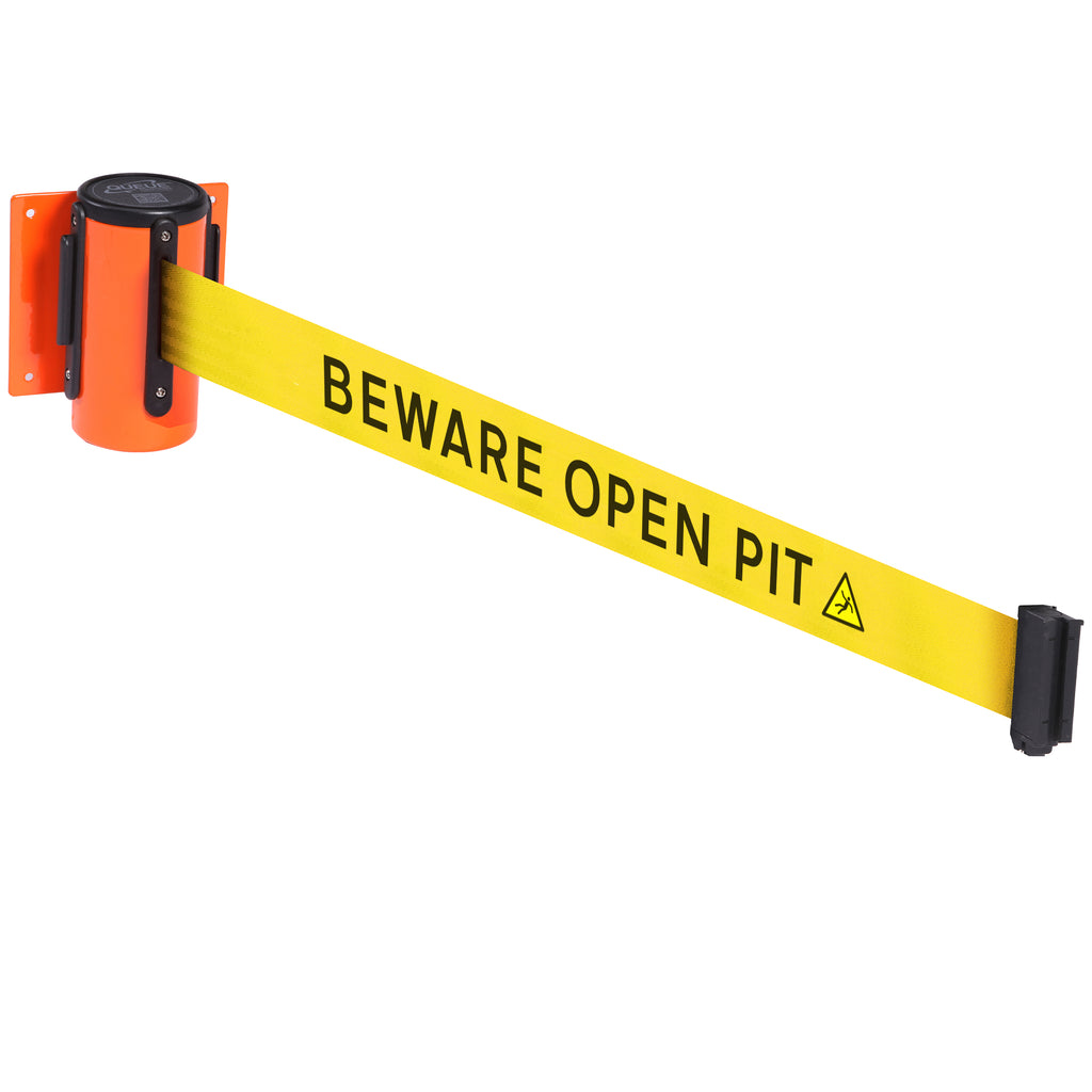 WallMaster 300 50mm Wall Mounted Belt Barrier System (2.3m / Orange / Beware Open Pit |Yel-Blk)