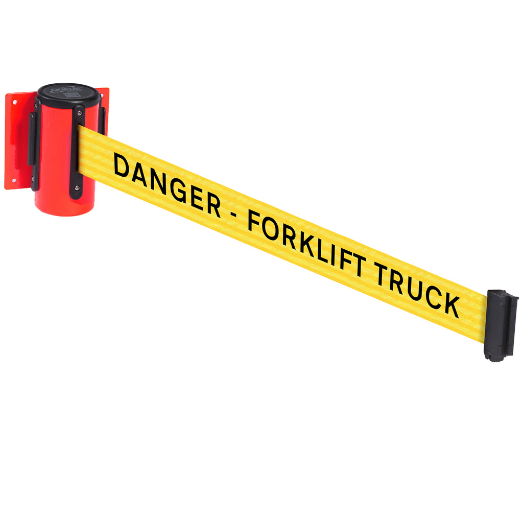 WallMaster 300 50mm Wall Mounted Belt Barrier System (2.3m / Red / Danger Fork Lift Trucks | Yel-Blk)