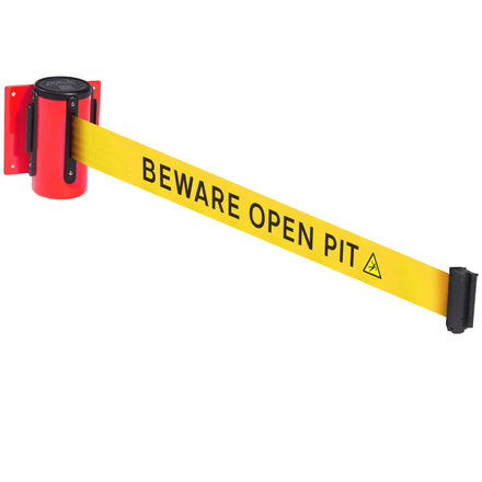 WallMaster 300 50mm Wall Mounted Belt Barrier System (2.3m / Red / Beware Open Pit |Yel-Blk)