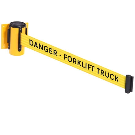 WallMaster 300 50mm Wall Mounted Belt Barrier System (2.3m / Yellow / Danger Fork Lift Trucks | Yel-Blk)