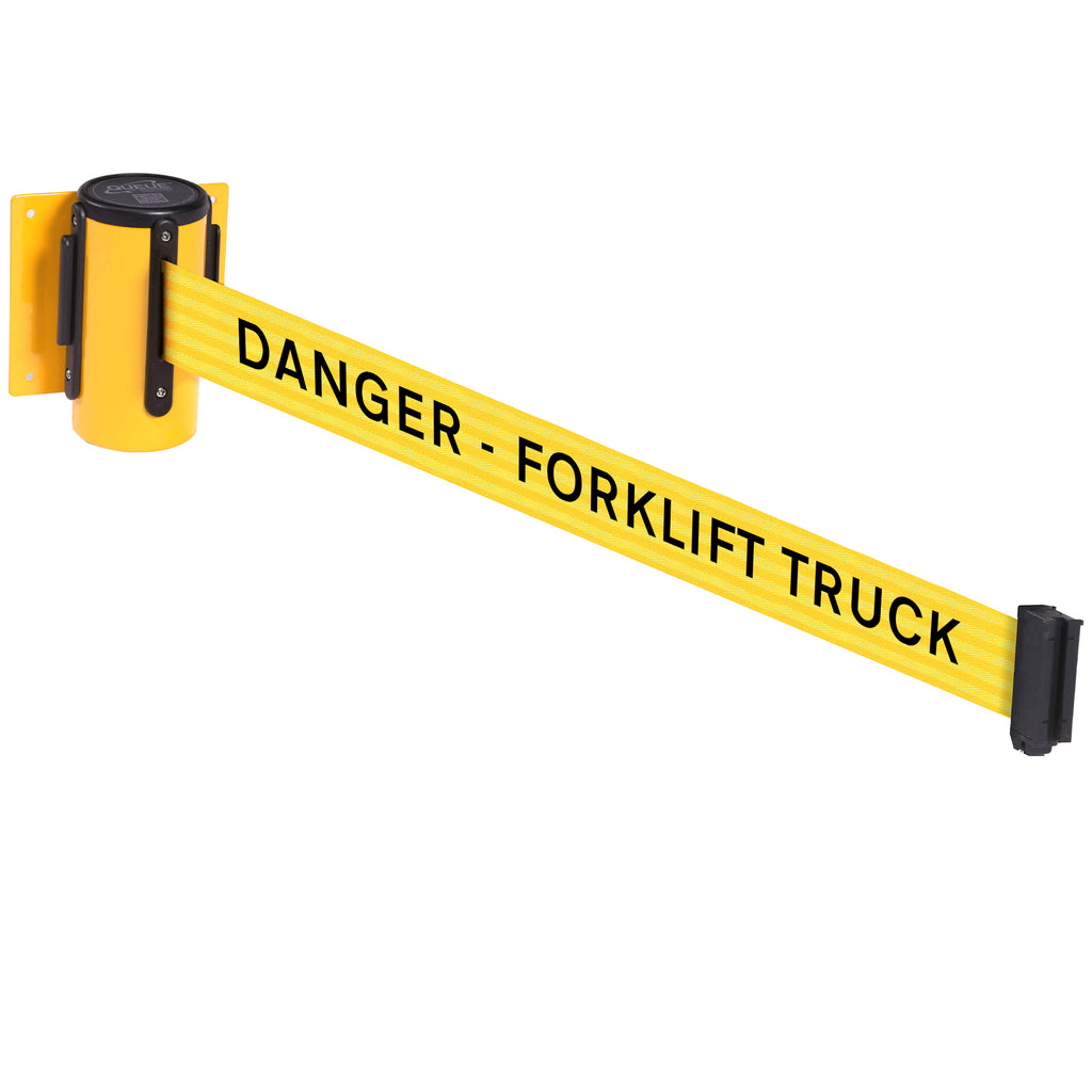 WallMaster 400 50mm Wall Mounted Belt Barrier System (3.9m / Yellow / Danger Fork Lift Trucks | Yel-Blk)