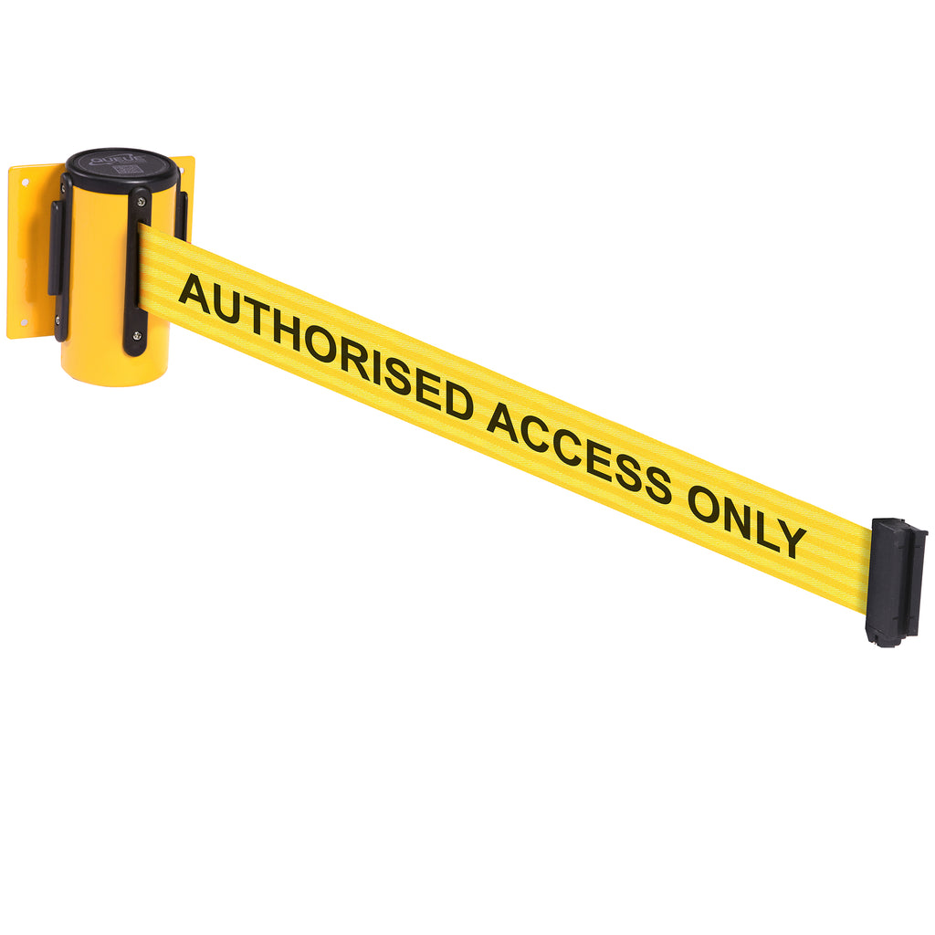 WallMaster 300 50mm Wall Mounted Belt Barrier System (2.3m / Yellow / Authorised Access Only | Yel-Blk)