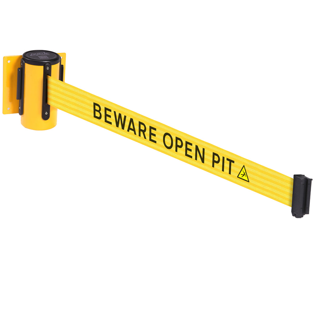 WallMaster 300 50mm Wall Mounted Belt Barrier System (2.3m / Yellow / Beware Open Pit |Yel-Blk)