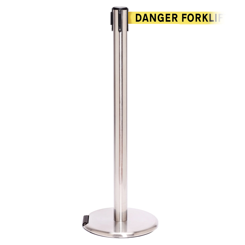 RollerPro 250 3.4m x 50mm Belt Barrier System (Polished Stainless / Danger Fork Lift Trucks | Yel-Blk)