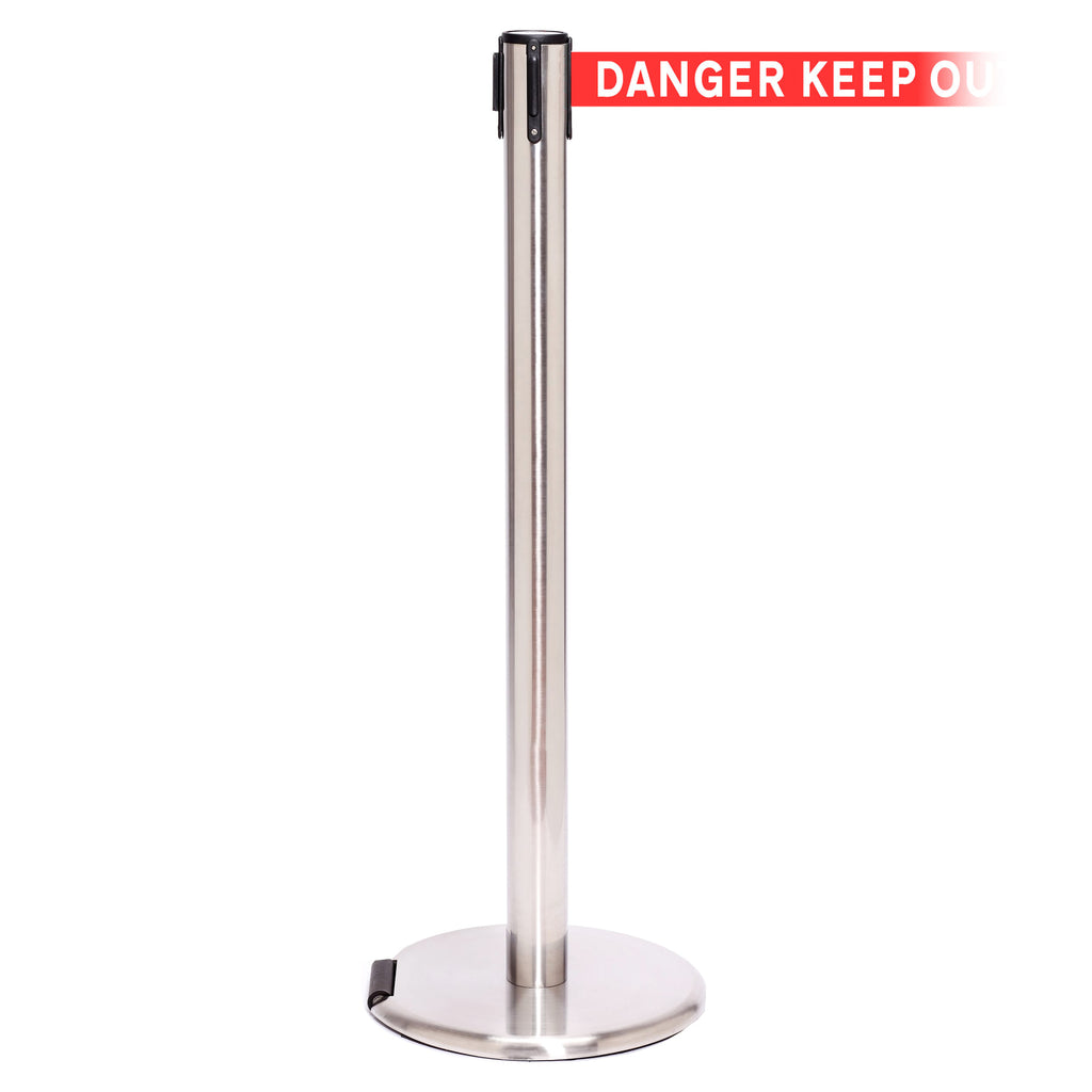 RollerPro 250 3.4m x 50mm Belt Barrier System (Polished Stainless / Danger Keep Out | Red-White)