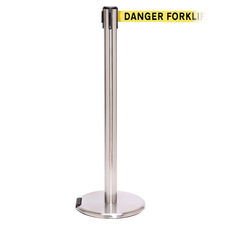 RollerPro 250 3.4m x 50mm Belt Barrier System (Satin Stainless / Danger Fork Lift Trucks | Yel-Blk)