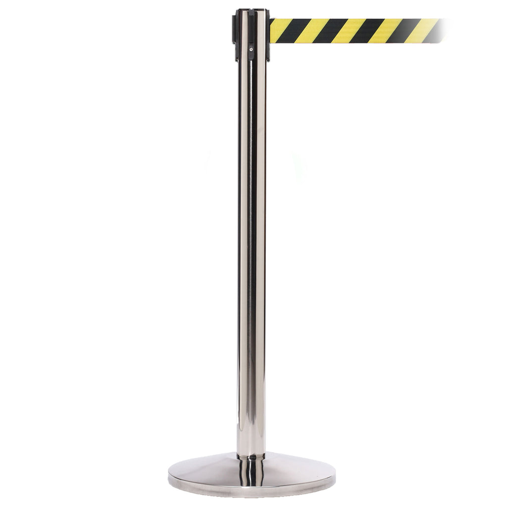 QueueMaster 550 3.4m x 50mm Belt Barrier System (Polished Stainless / Yellow / Black Chevron)