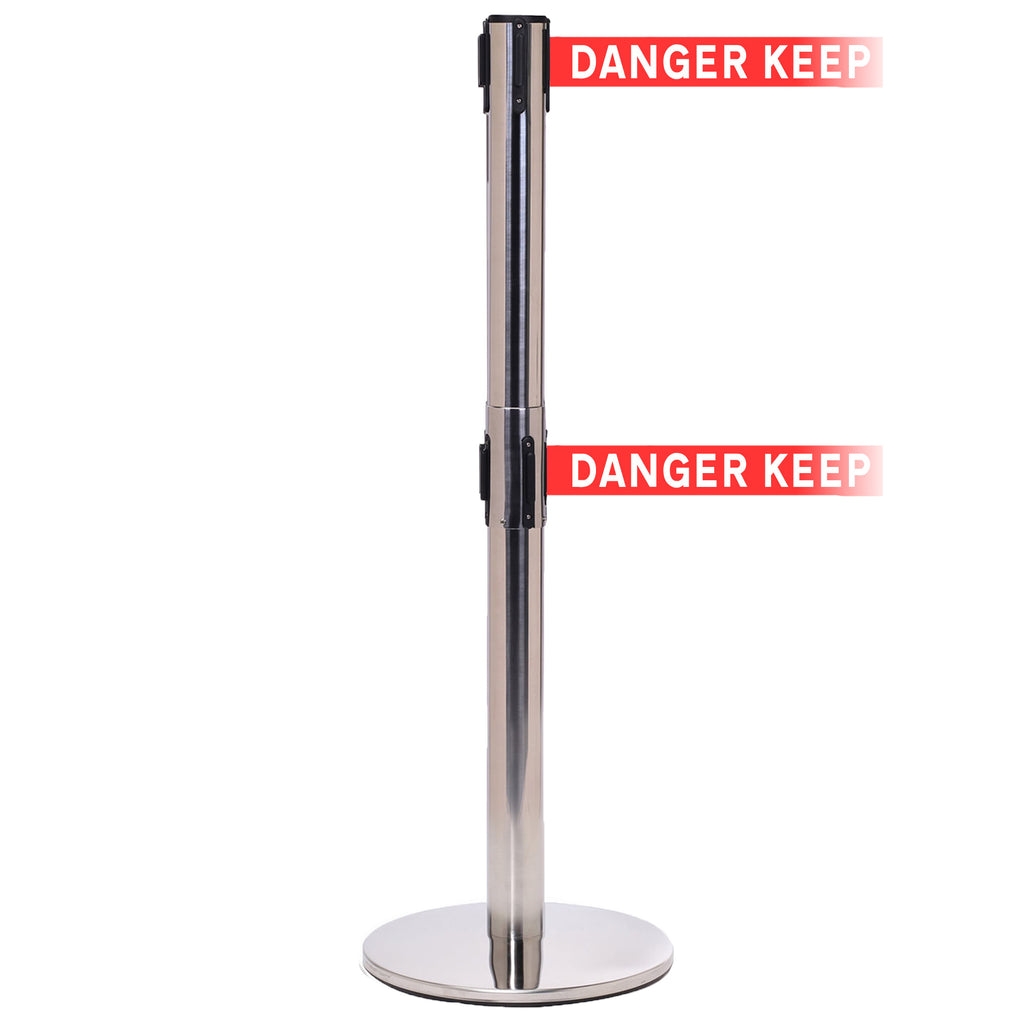 QueuePro Twin 250 Twin 3.4m x 50mm Belt Barrier System (Polished Stainless / Danger Keep Out | Red-White)