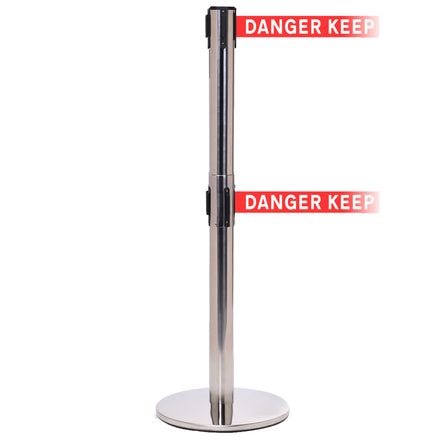 QueueMaster 550 Twin 3.4m x 50mm Belt Barrier System (Polished Stainless / Danger Keep Out | Red-White)