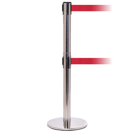 QueuePro Twin 250 Twin 3.4m x 50mm Belt Barrier System (Polished Stainless / Red)