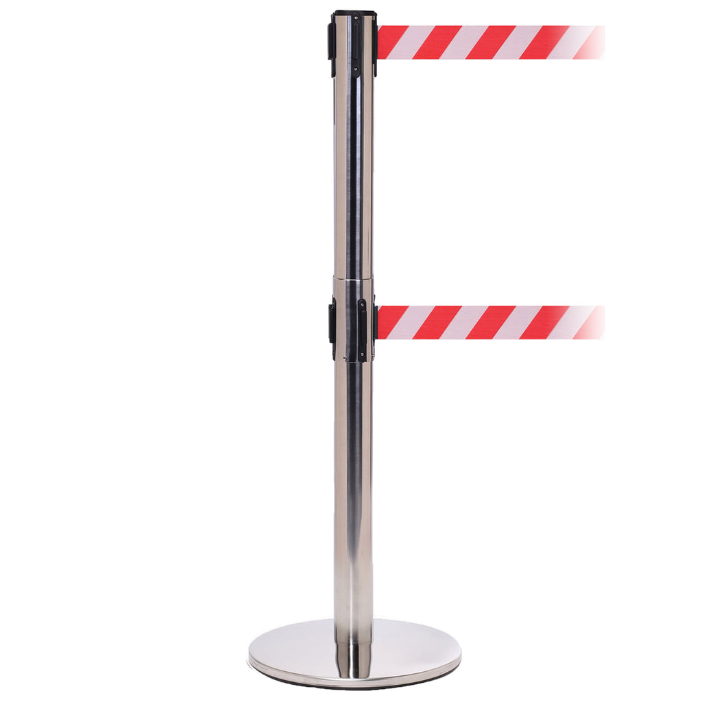 QueuePro Twin 250 Twin 3.4m x 50mm Belt Barrier System (Polished Stainless / Red / White  Chevron)