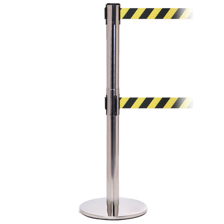 QueuePro Twin 250 Twin 3.4m x 50mm Belt Barrier System (Polished Stainless / Yellow / Black Chevron)