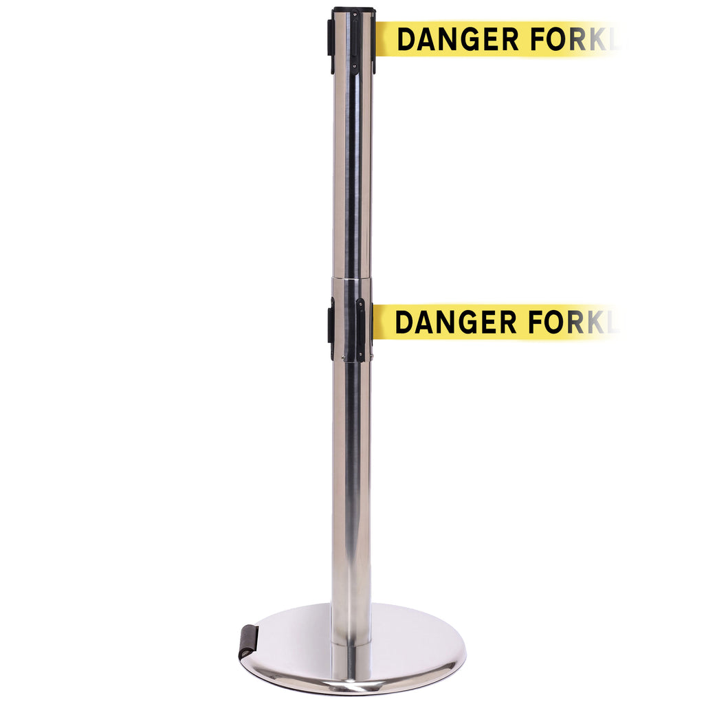 RollerPro 250 Twin 3.4m x 50mm Belt Barrier System (Polished Stainless / Danger Fork Lift Trucks | Yel-Blk)