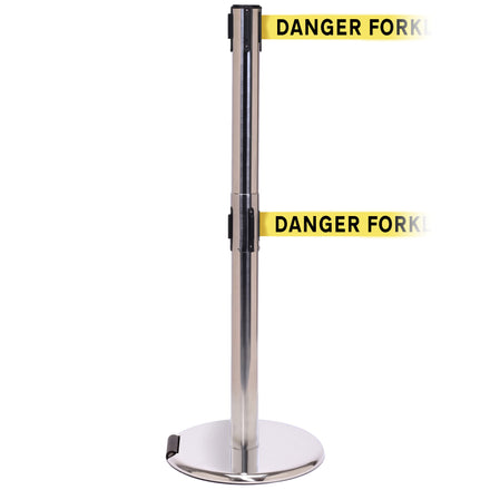 RollerPro 250 Twin 3.4m x 50mm Belt Barrier System (Polished Stainless / Danger Fork Lift Trucks | Yel-Blk)