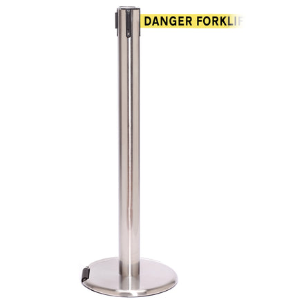 RollerPro 300 4.9m x 50mm Belt Barrier System (Polished Stainless / Danger Fork Lift Trucks | Yel-Blk)