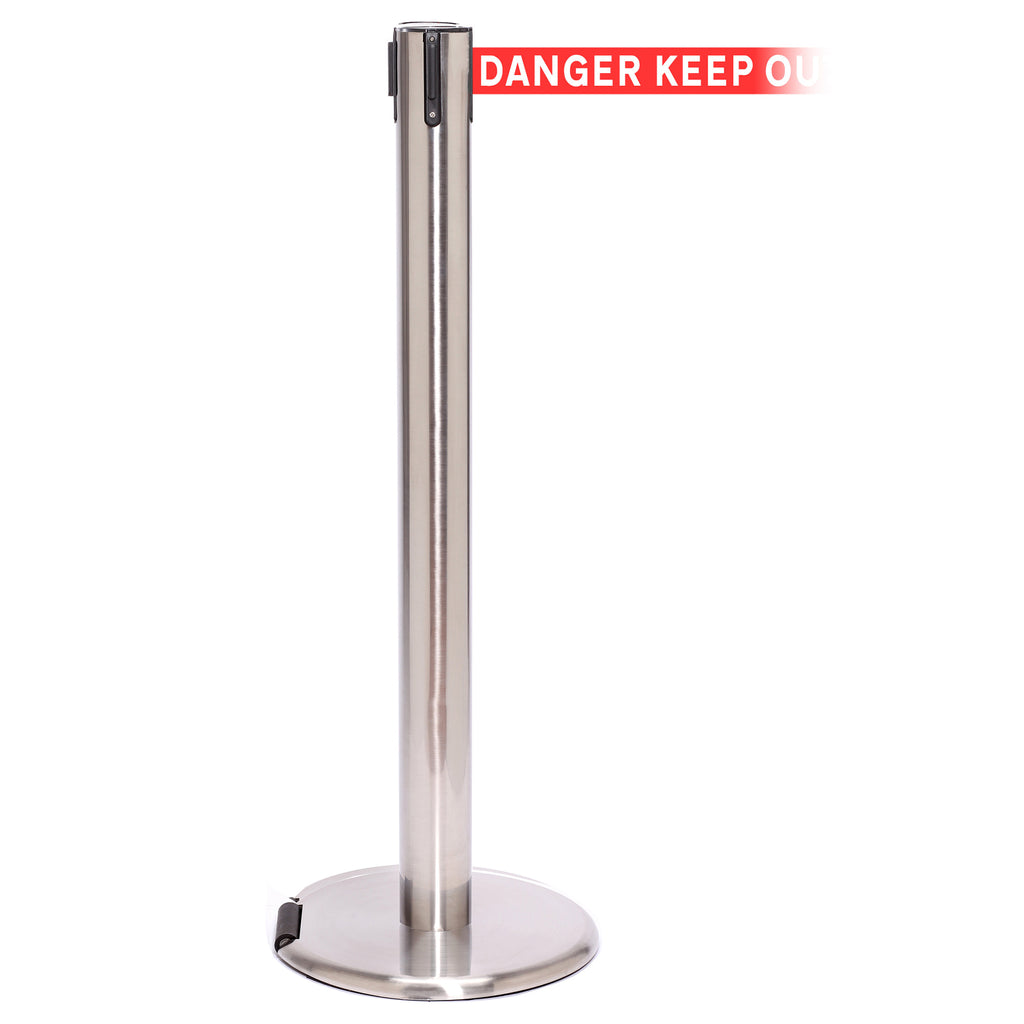 RollerPro 300 4.9m x 50mm Belt Barrier System (Polished Stainless / Danger Keep Out | Red-White)