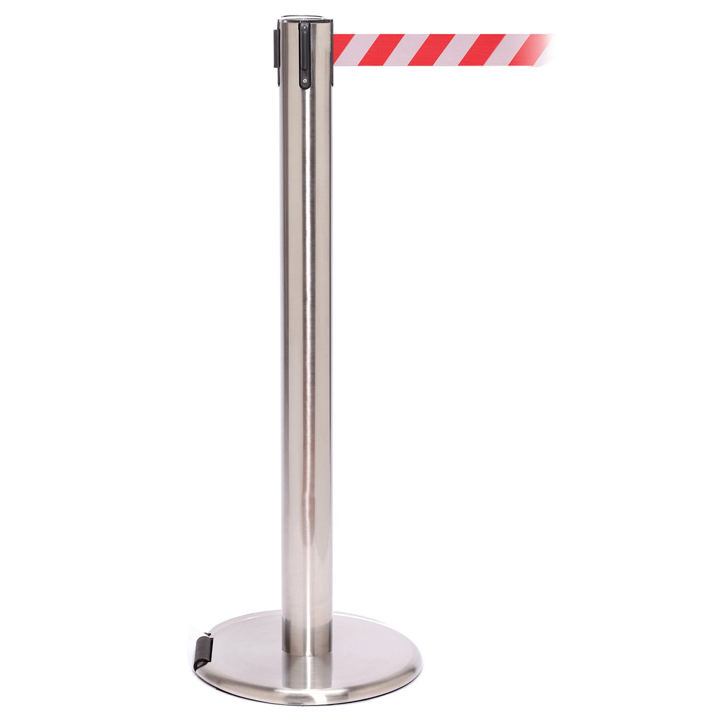 RollerPro 300 4.9m x 50mm Belt Barrier System (Polished Stainless / Red / White  Chevron)