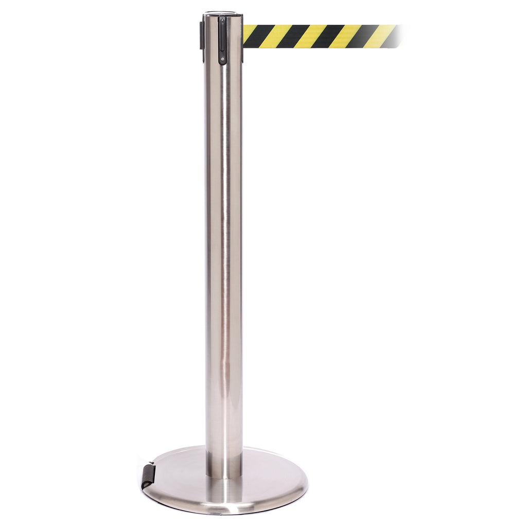 RollerPro 300 4.9m x 50mm Belt Barrier System (Polished Stainless / Yellow / Black Chevron)