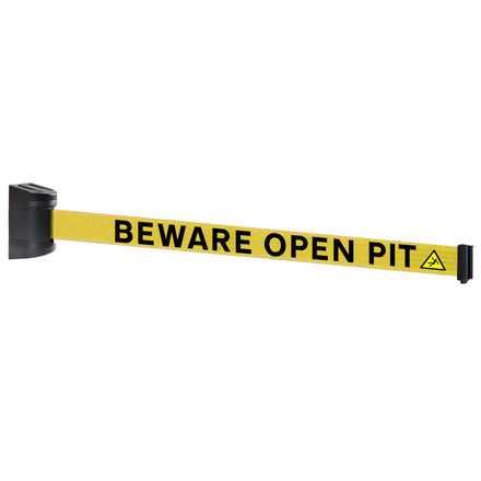 WallPro 300 50mm Wall Mounted Belt Barrier System (2.3m / Black / Beware Open Pit |Yel-Blk)