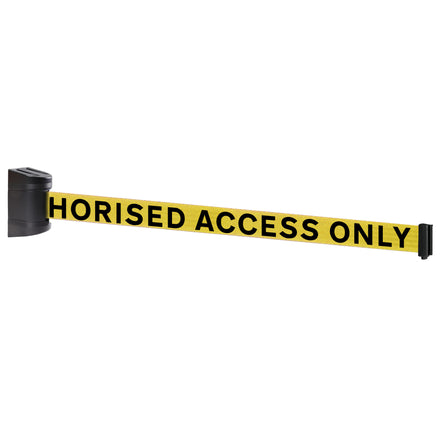 WallPro 300 50mm Wall Mounted Belt Barrier System (2.3m / Black / Authorised Access Only | Yel-Blk)