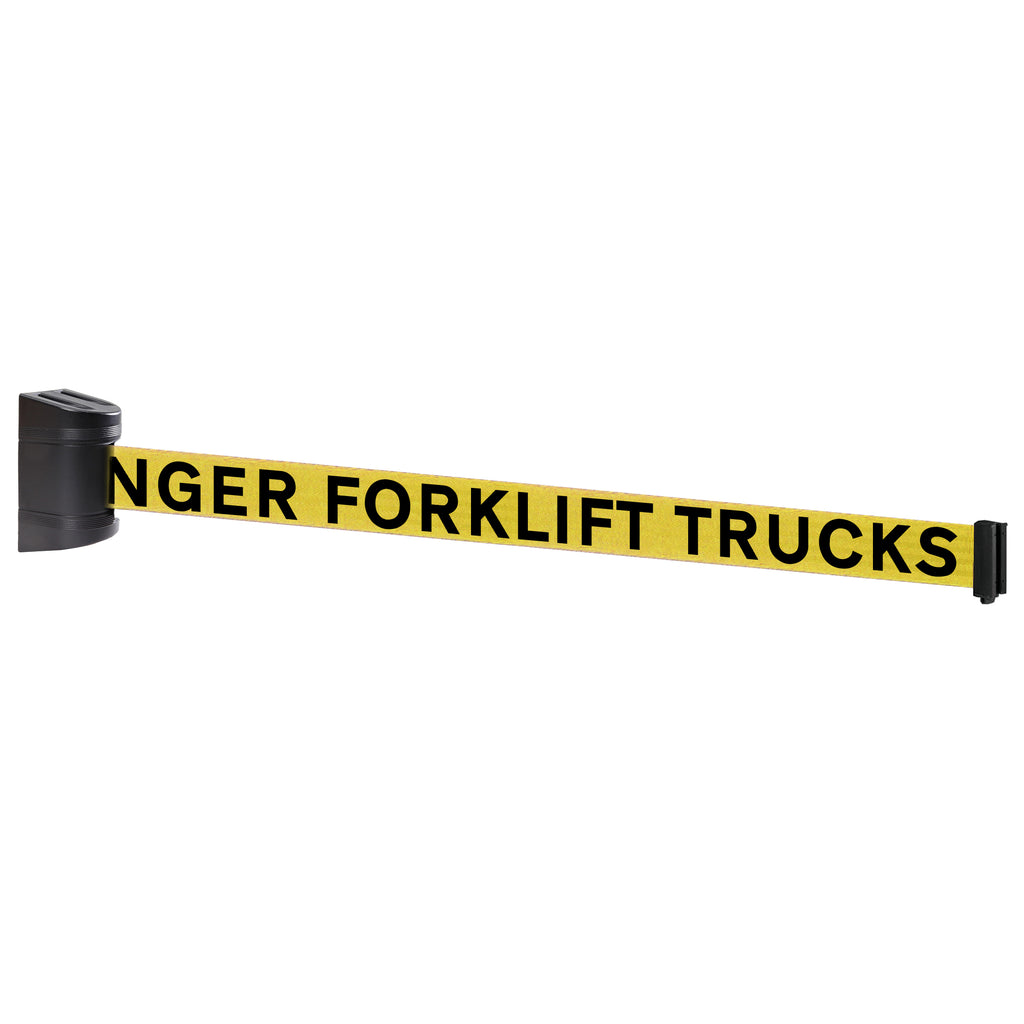 WallPro 300 50mm Wall Mounted Belt Barrier System (2.3m / Black / Danger Fork Lift Trucks | Yel-Blk)