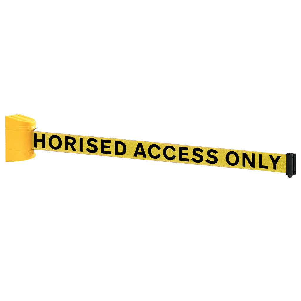 WallPro 300 50mm Wall Mounted Belt Barrier System (2.3m / Yellow / Authorised Access Only | Yel-Blk)