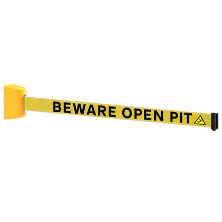 WallPro 300 50mm Wall Mounted Belt Barrier System (2.3m / Yellow / Beware Open Pit |Yel-Blk)