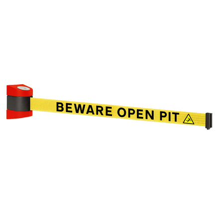 WallPro 400 4.6m x 50mm Belt Barrier System (Red / Beware Open Pit |Yel-Blk)