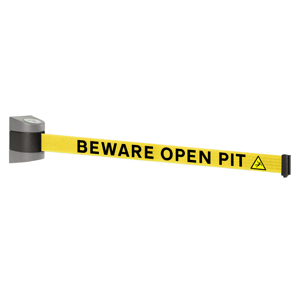 WallPro 400 4.6m x 50mm Belt Barrier System (Silver / Beware Open Pit |Yel-Blk)