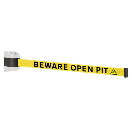 WallPro 400 4.6m x 50mm Belt Barrier System (White / Beware Open Pit |Yel-Blk)