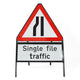 Road Narrows Left Sign - Inc. 'Single file traffic' Sup Zintec Metal Sign Dia 517 Face | 750mm